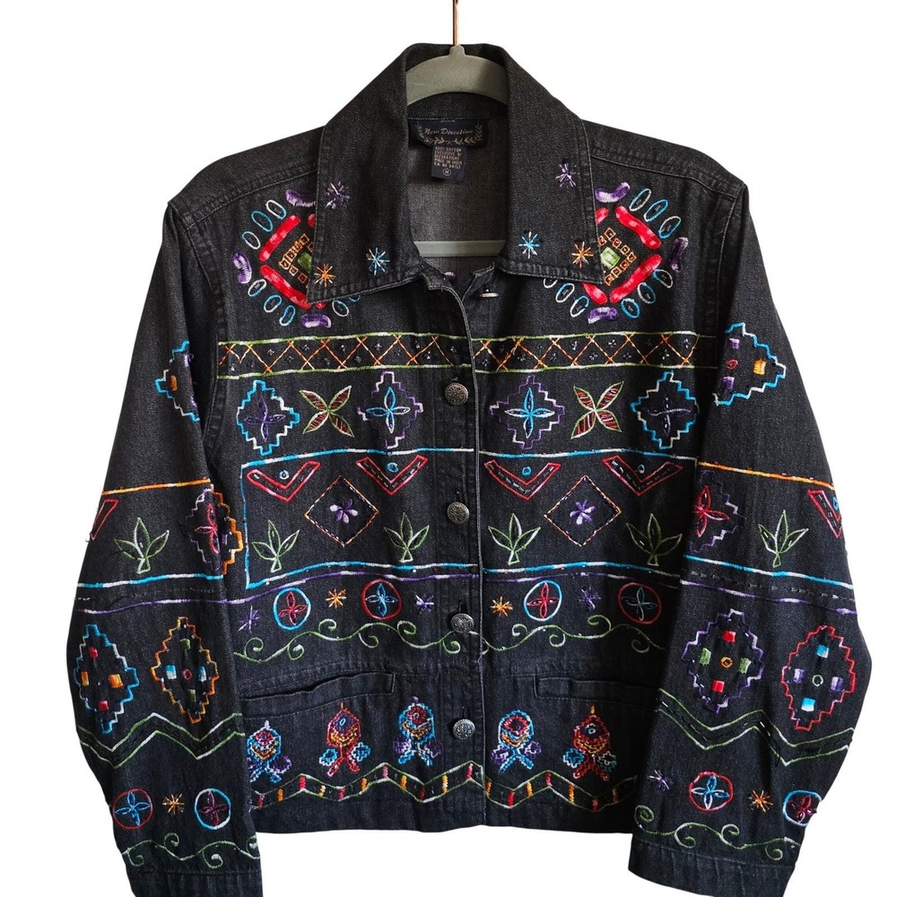 New Direction Womens VTG M Black Embroidered Denim Jacket Beaded‎ Boho Folk Art